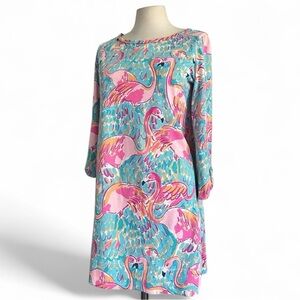 Lilly Pulitzer SWEET FLAMINGO Shift Dress Pima Cotton Tropical sz Sm 3/4 Sleeve